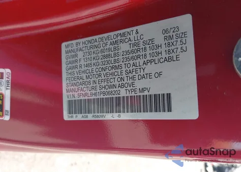 2023 Honda Odyssey Ex-L from USA, damaged, VIN 5FNRL6H61PB068202